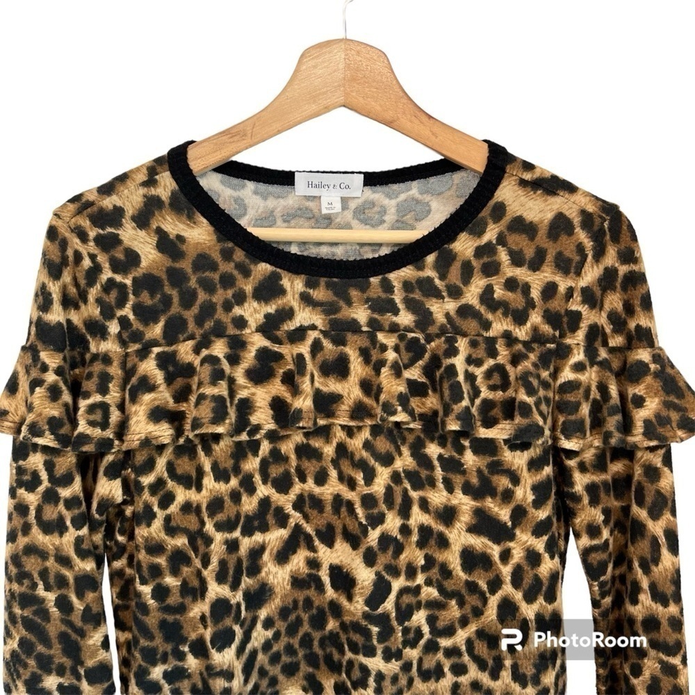 Hailey and Co. Emmy Leopard Print Black Ruffle Long Sleeve Blouse Top Size M - Picture 3 of 5